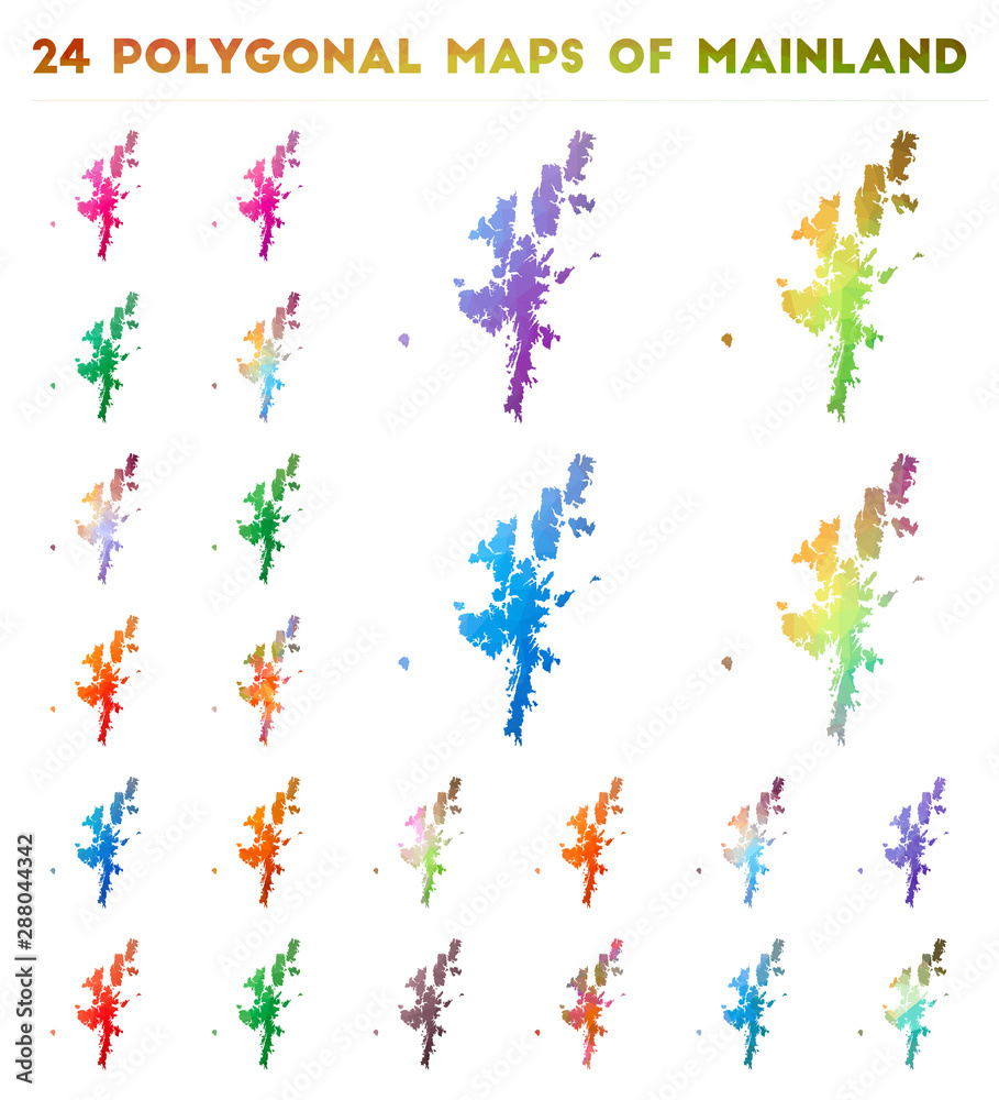 Set of vector polygonal maps of Mainland. Bright gradient map of island in low poly style. Multicolored Mainland map in geometric style for your infographics.