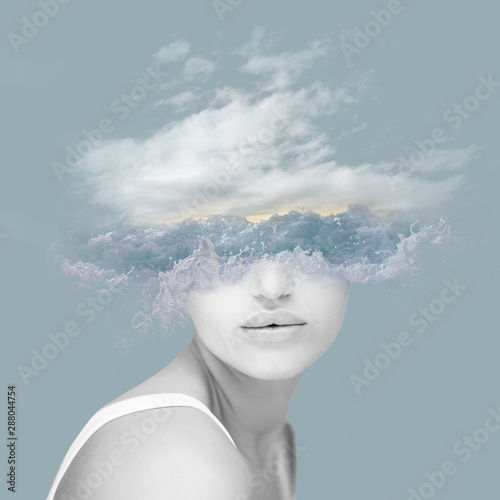 Beautiful woman artwork with wave, water, ocean and clouds, double exposure, overlay, abstact collage can be used as background