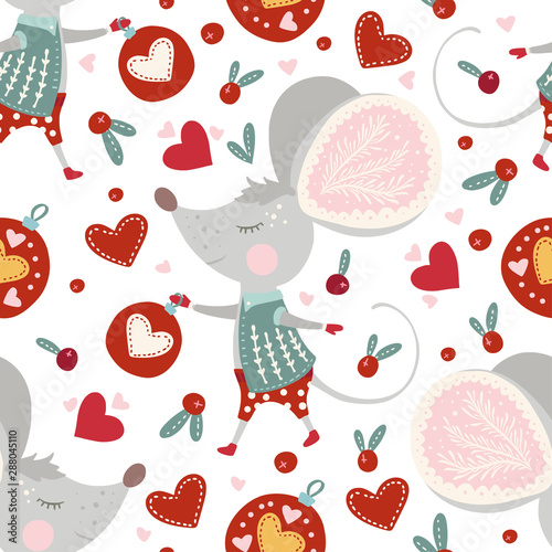 Seamless vector pattern with cute cartoon mouse in scandinavian style. Flat rat ornate illustration for New Year 2020.