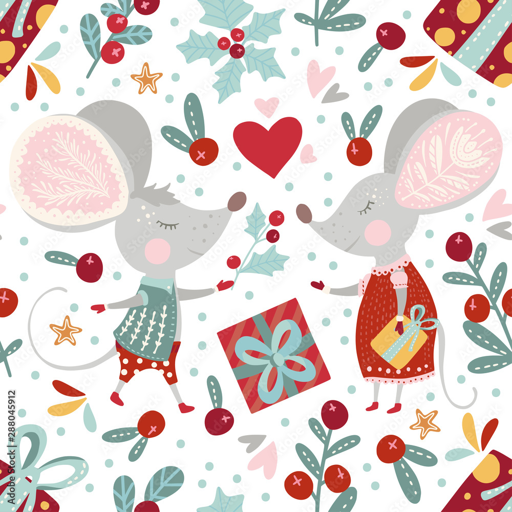 Seamless vector pattern with cute cartoon mice in scandinavian style. Flat rat mouce couple in love. Ornate illustration for New Year 2020. Seamless vector pattern with cute cartoon mice in scandinavian style. Flat rat mouce couple in love. Ornate illustration for New Year 2020.
