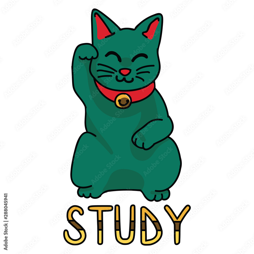 Cute green study lucky cat vector. Hand drawn Asian cultural symbol ...
