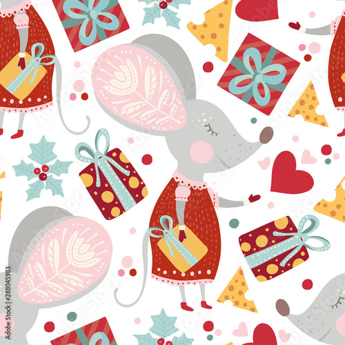 Seamless vector pattern with cute cartoon mouse with holly berry and gift in scandinavian style. Flat rat ornate illustration for New Year 2020.