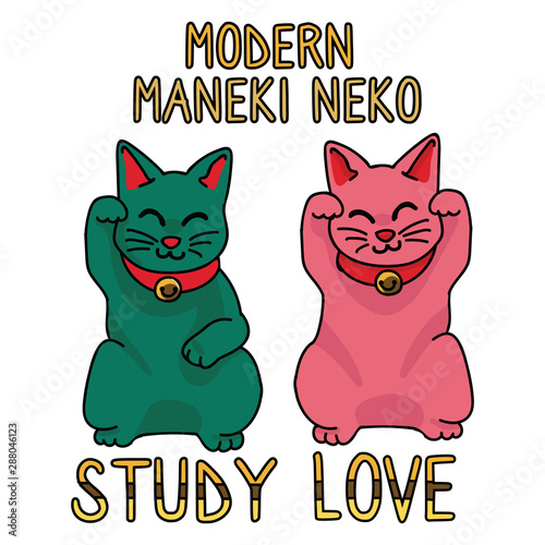 Cute modern maneki neko vector. Hand drawn love and study lucky cat clipart. 