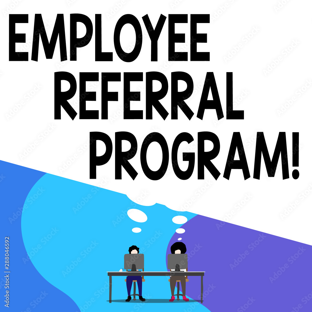 Conceptual hand writing showing Employee Referral Program. Concept meaning internal recruitment method employed by organizations Man with purple trousers sit on chair fellow near computer table Conceptual hand writing showing Employee Referral Program. Concept meaning internal recruitment method employed by organizations Man with purple trousers sit on chair fellow near computer table