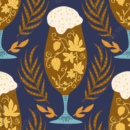 Beer festival vector seamless pattern. Oktoberfest colour illustration with ornate dark beer glass and wheel spikelets.