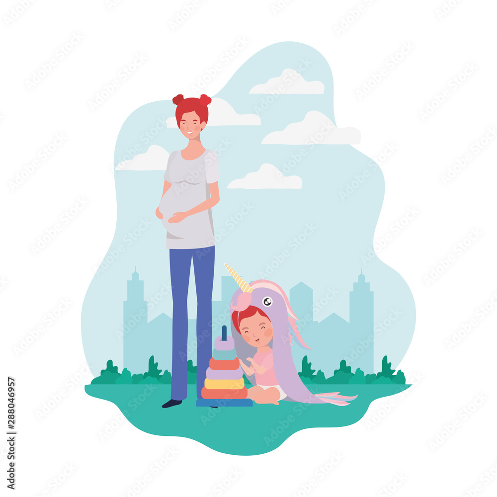 cute pregnancy mother with little girl in the camp - obrazy, fototapety, plakaty 
