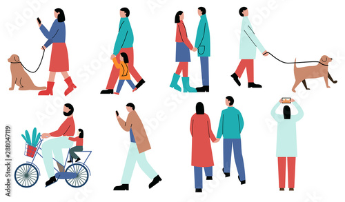 Bundle of people in warm clothes performing different activities - walking the dog, holding hands, walking with their child, riding bicycle, staring at phone, taking picture. Flat vector illustration