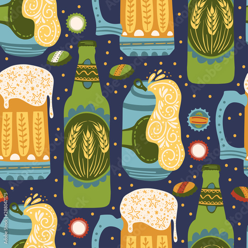 Beer festival vector seamless pattern. Oktoberfest colour ornate illustration with beer bottles and glasses. photo