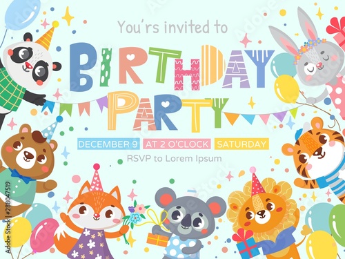 Kids invitation with cute animals.Birthday party. Greeting card template. Vector illustration 