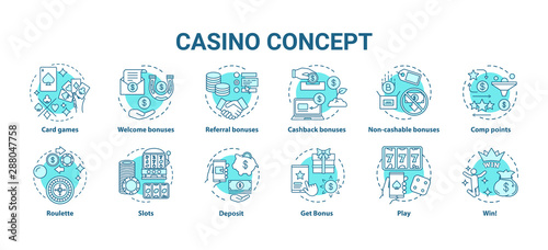 Casino concept icons set. Online games of chance and bonuses idea thin line illustrations. Slot machines, card games, roulette. Gambling. Vector isolated outline drawings pack. Editable stroke