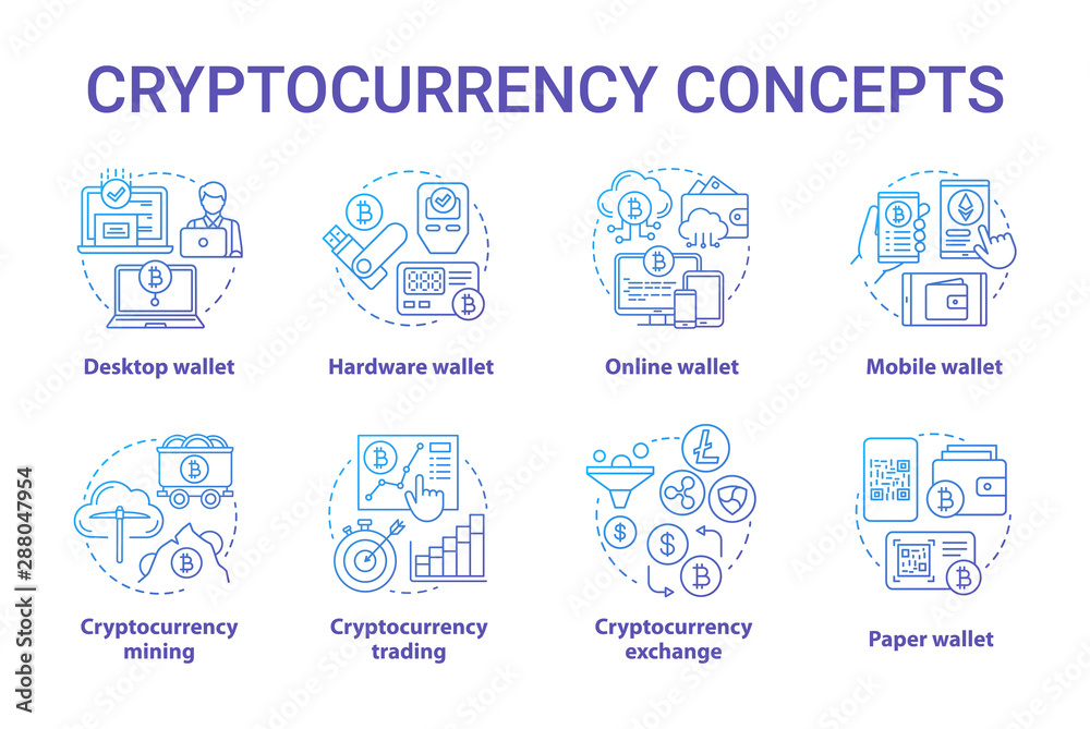 Cryptocurrency blue concept icons set. Digital asset idea thin line illustrations. Desktop wallet. Financial transaction. Bitcoin trading, exchange. Vector isolated outline drawings