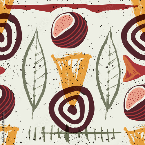 Floral seamless pattern. Abstract vector illustration with hawai botanical leaves and exotic abstract coconut fruit. Flat and Hand drawn brush ink textured art with tropical background.
