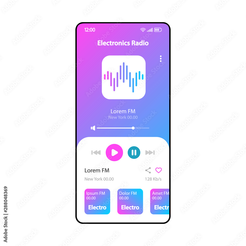 Evaluación grueso Campo de minas Electronic music radio smartphone interface vector template. Mobile music  player app page neon blue design layout. Modern songs, tracks albums  listening screen. Flat UI for application. Phone display vector de Stock 