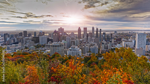 Montreal downtown sunset with colourful autumn leaves