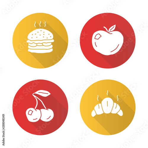 Healthy and harmful nutrition flat design long shadow glyph icons set. Croissant, ripe apple, cherry and burger vector silhouette illustration. Junk food, organic snacks, natural and unhealthy eating