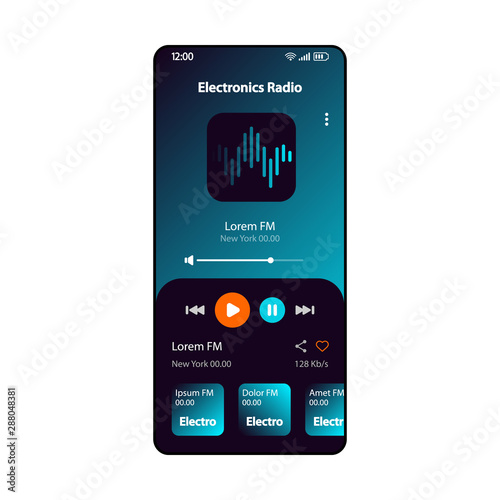 Electronic music radio smartphone interface vector template. Mobile online music player app page gradient design layout. Albums, live broadcast listening screen. Flat UI for application. Phone display