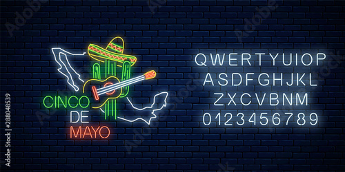 Neon sinco de mayo sign with mexico map with alphabet. Mexican festival flyer design with guitar, cactus and sombrero.
