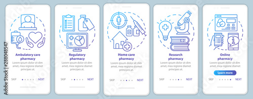 Ambulatory and home care pharmacy onboarding mobile app page screen vector template. Drug research. Walkthrough website steps with linear illustrations. UX, UI, GUI smartphone interface concept