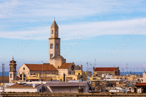 Italy, Apulia, Metropolitan City of Bari, Bari. Cathedral of San Sabino towers over the town.