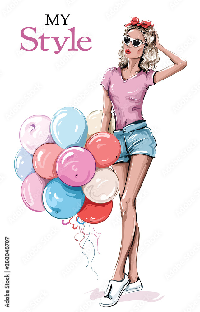 Hand drawn beautiful young woman in sunglasses. Stylish girl with colorful balloons. Fashion woman look. Sketch. Vector illustration. Hand drawn beautiful young woman in sunglasses. Stylish girl with colorful balloons. Fashion woman look. Sketch. Vector illustration.
