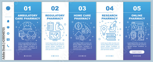 Pharmacy types onboarding mobile web pages vector template. Ambulatory care. Responsive smartphone website interface idea with linear illustrations. Webpage walkthrough step screens. Color concept
