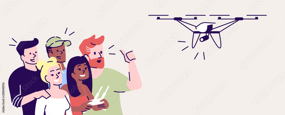 Obraz premium Selfie flat vector illustration. Happy people shooting with drone. Capturing bright moments. Group of friends taking self photo with quadcopter isolated cartoon character on grey background