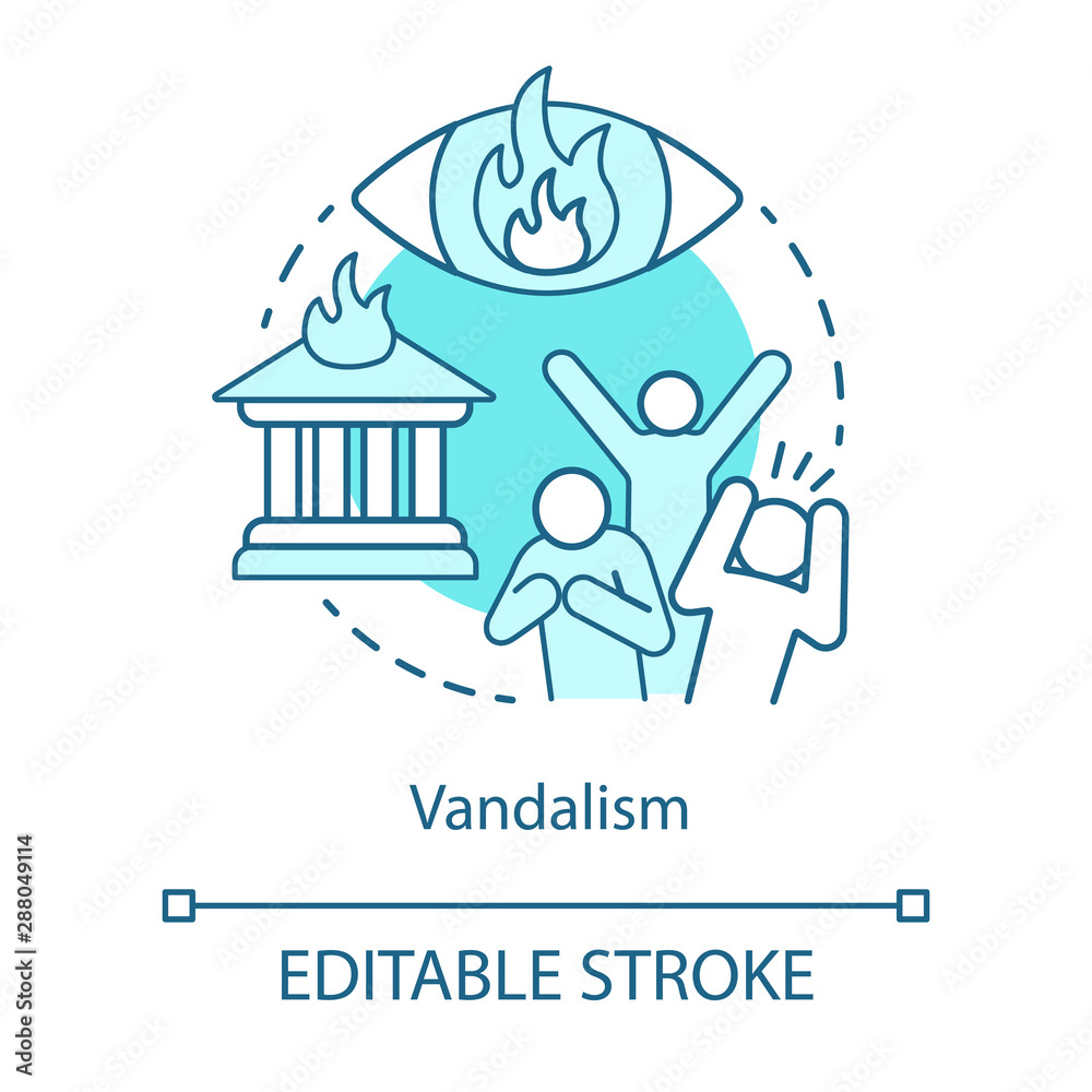 Vandalism concept icon. Civil unrest, property destruction, mob violence idea thin line illustration. Aggressive crowd, burning house and flaming eye vector isolated outline drawing. Editable stroke