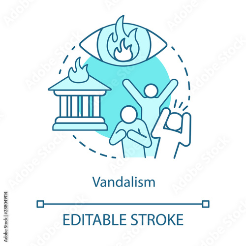 Vandalism concept icon. Civil unrest, property destruction, mob violence idea thin line illustration. Aggressive crowd, burning house and flaming eye vector isolated outline drawing. Editable stroke
