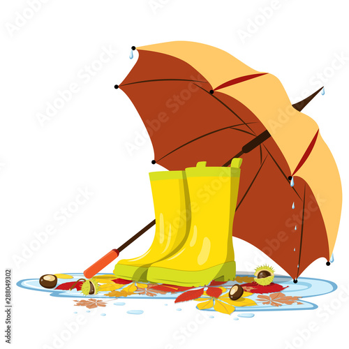 Bright vector autumn illustration of yellow boots in a puddle under an umbrella for books postcards banner scenery sticker