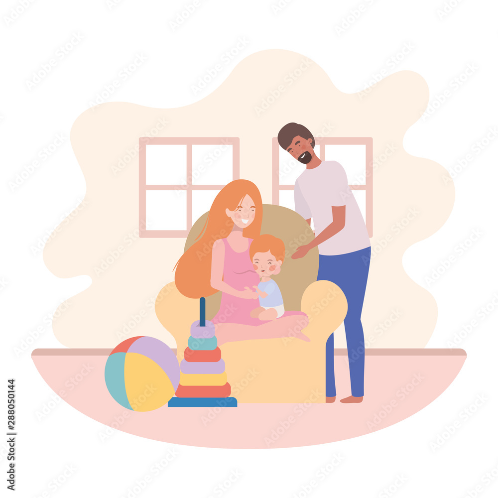 parents couple with little baby in the sofa characters
