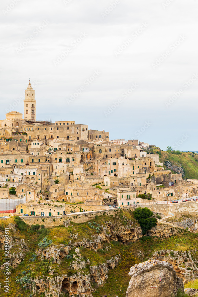 Italy, Basilicata, Province of Matera, Matera. View of the town of Matera and The Cathedral or Duomo of Santa Maria della Bruna.