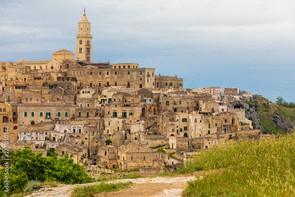 Italy, Basilicata, Province of Matera, Matera. View of the town of Matera and The Cathedral or Duomo of Santa Maria della Bruna.