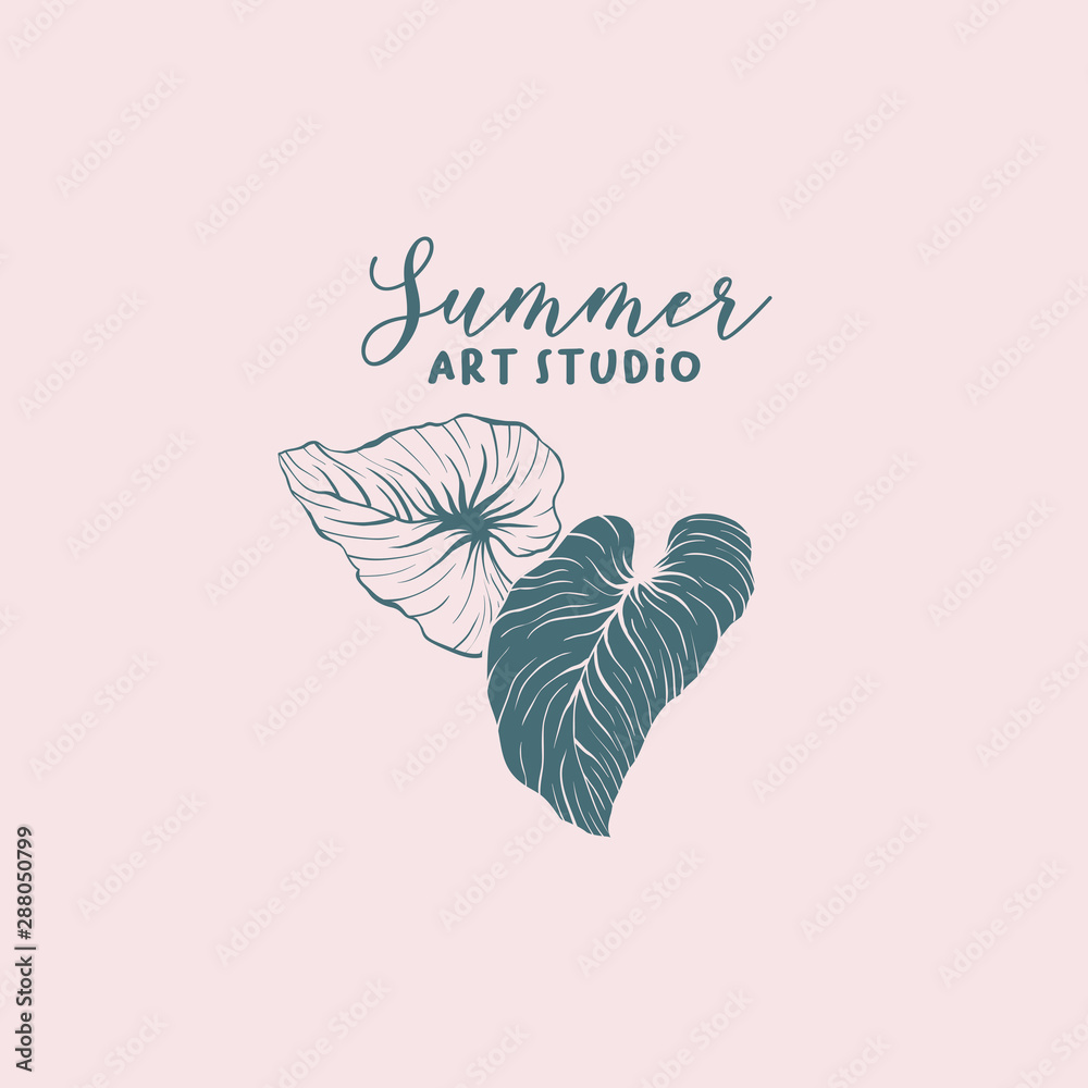 Summer art studio, school logo vector design. Silver cloud leaves hand  drawn logotype layout. Art supply shop, store signboard. Philodendron,  monstera plant. Silhouette and outline exotic leaves Stock Vector | Adobe  Stock