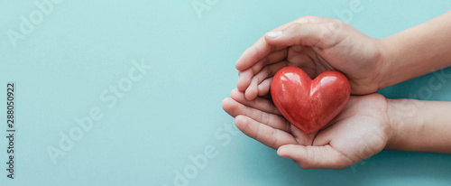 Fototapeta Naklejka Na Ścianę i Meble -  hands holding red heart, health care, love, organ donation, family insurance,CSR,world heart day, world health day, wellness, gratitude, be kind,be thankful,compliment  concept