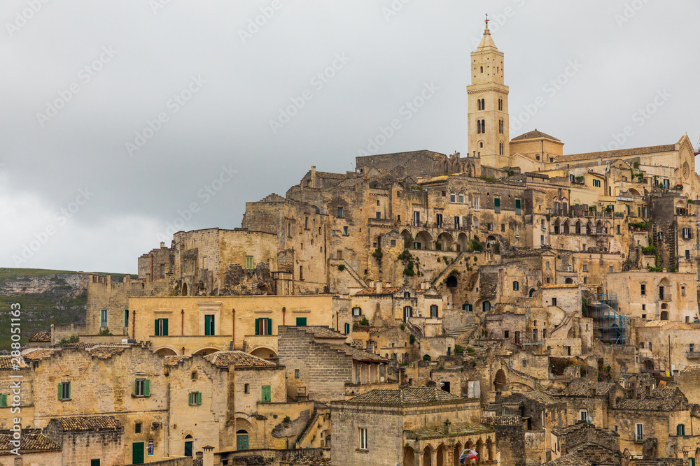 Italy, Basilicata, Province of Matera, Matera. View of the city with the Cathedral or Duomo of Santa Maria della Bruna.