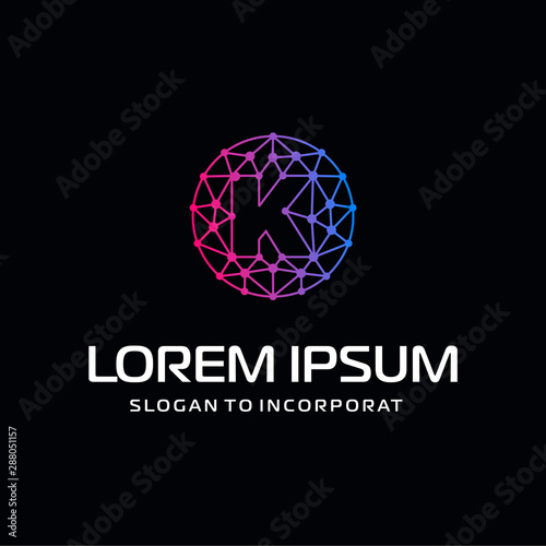 letter K Logo Design Template. Technology Digital logo . negative space, line, chip, Artificial Intelligence, concept. network icon, connection concept - Vector