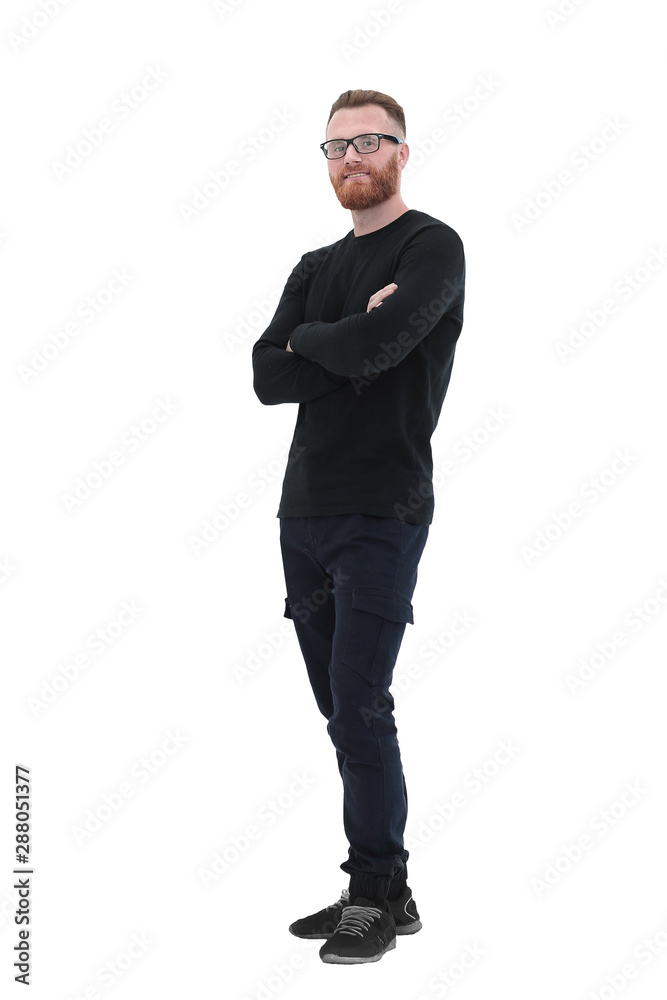 in full growth. smiling bearded man looking at copy space. isolated on white in full growth. smiling bearded man looking at copy space. isolated on white