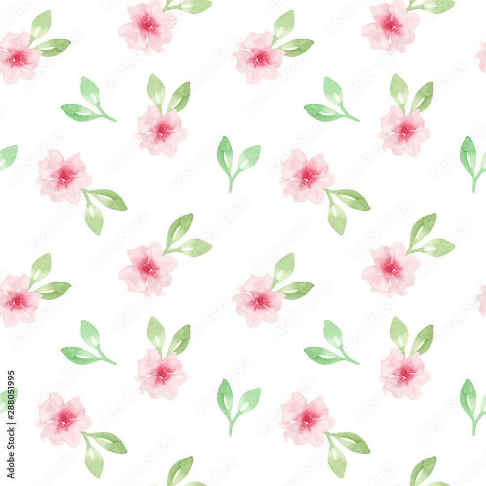 Watercolor floral pattern. Seamless pattern with pink flowers on white background.
