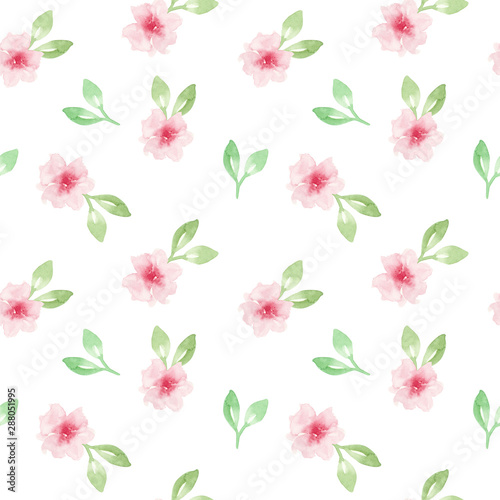 Watercolor floral pattern. Seamless pattern with pink flowers on white background.