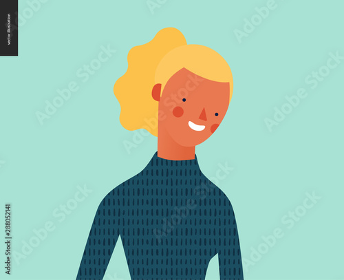 Bright people portrait - hand drawn flat style vector design concept illustration of young blond woman, face and shoulders avatar. Flat style vector icon