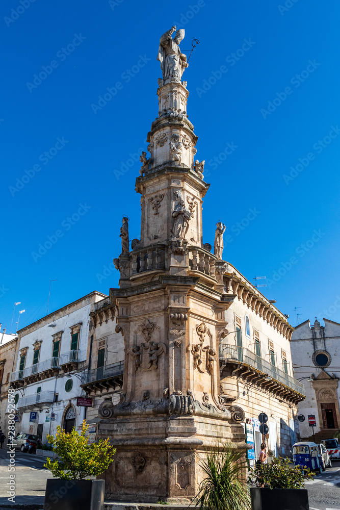 Italy, Apulia, Province of Brindisi, Ostuni. June 05, 2019. Column of Saint Oronzo.