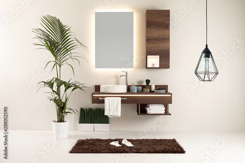 clean bathroom style and interior decorative design  wooden cabinets