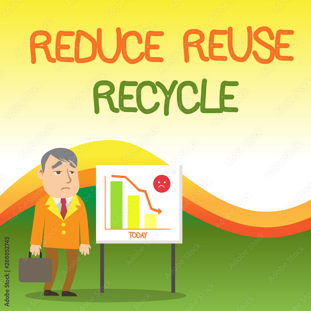 Text sign showing Reduce Reuse Recycle. Business photo text environmentallyresponsible consumer behavior Businessman Clerk with Brief Case Standing Whiteboard Declining Bar Chart Text sign showing Reduce Reuse Recycle. Business photo text environmentallyresponsible consumer behavior Businessman Clerk with Brief Case Standing Whiteboard Declining Bar Chart