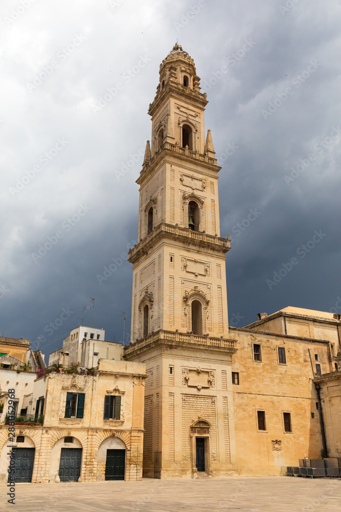 Italy, Apulia, Province of Lecce, Lecce. Lecce Cathedral (Duomo di Lecce, or Cattedrale dell'Assunzione della Virgine) seen from the Piazza del Duomo. Bell tower or Campanile.