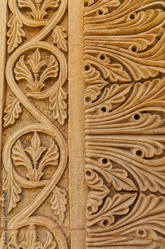 Italy, Apulia, Province of Lecce, Galatina. Basilica di Santa Caterina di Alessandri. Detail of stone carving design. Basilica di Santa Caterina di Alessandri.