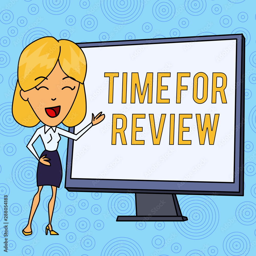 Word writing text Time For Review. Business photo showcasing review of a system or situation in its formal examination White Female in Standing Pointing Blank Screen Whiteboard Presentation Word writing text Time For Review. Business photo showcasing review of a system or situation in its formal examination White Female in Standing Pointing Blank Screen Whiteboard Presentation