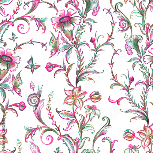 Baroque seamless pattern  floral vintage print on a white background  hand made graphic drawing