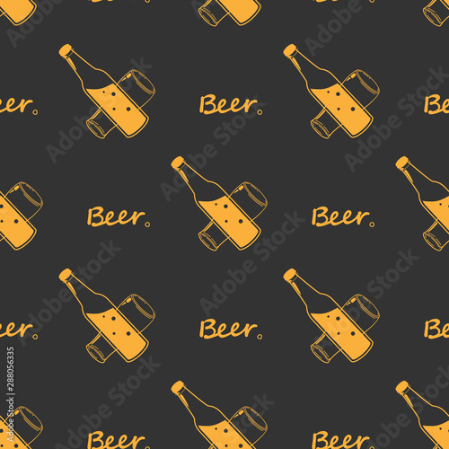 Seamless orange pattern beer glass and bottles, line drawing Design fabric or wrapping paper Oktoberfest decoration. Silhouettes vintage hand drawing on brown background. Vector illustration ornament