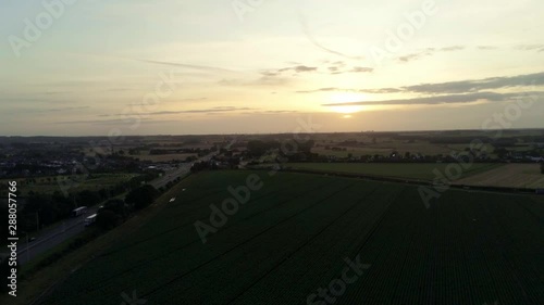 British A580 East lancs traffic overhead view aerial above Lancashire agricultural countryside. photo