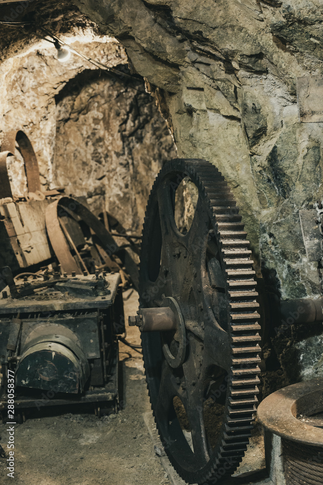 Aged filter used on abandoned gears and equipment inside a closed gold mine